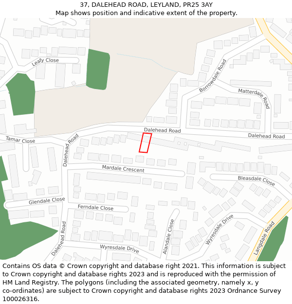 37, DALEHEAD ROAD, LEYLAND, PR25 3AY: Location map and indicative extent of plot
