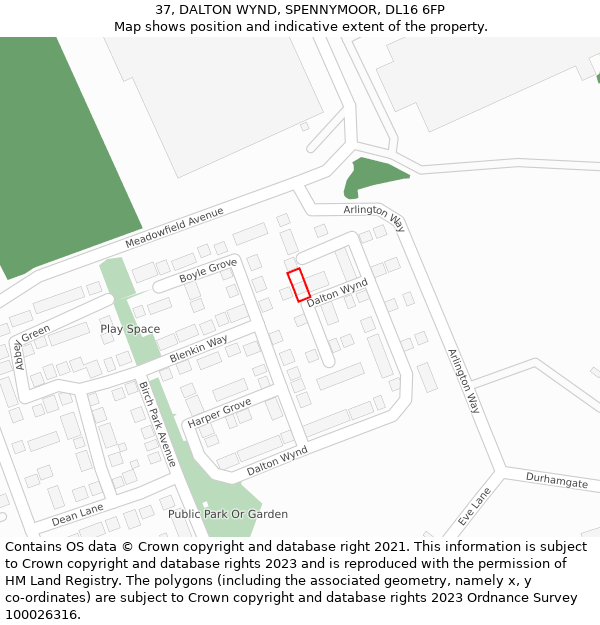 37, DALTON WYND, SPENNYMOOR, DL16 6FP: Location map and indicative extent of plot