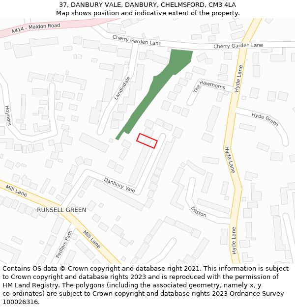 37, DANBURY VALE, DANBURY, CHELMSFORD, CM3 4LA: Location map and indicative extent of plot