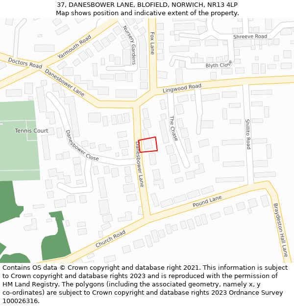 37, DANESBOWER LANE, BLOFIELD, NORWICH, NR13 4LP: Location map and indicative extent of plot