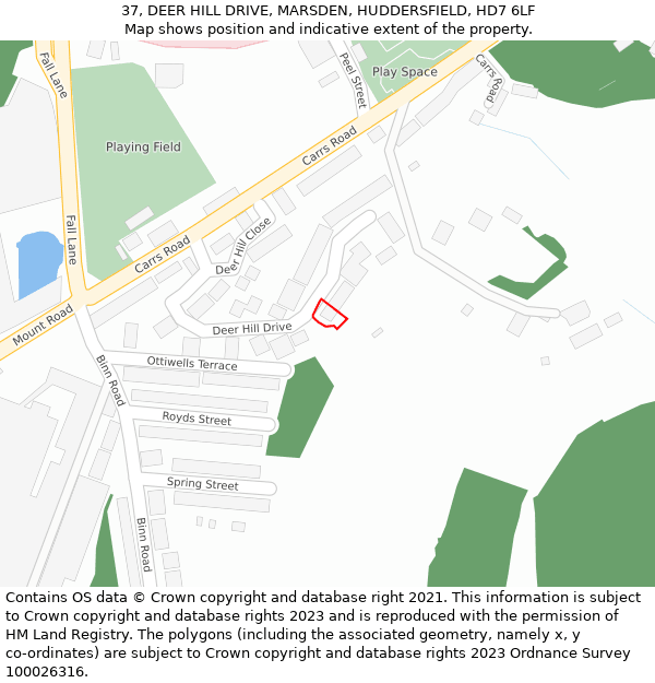 37, DEER HILL DRIVE, MARSDEN, HUDDERSFIELD, HD7 6LF: Location map and indicative extent of plot