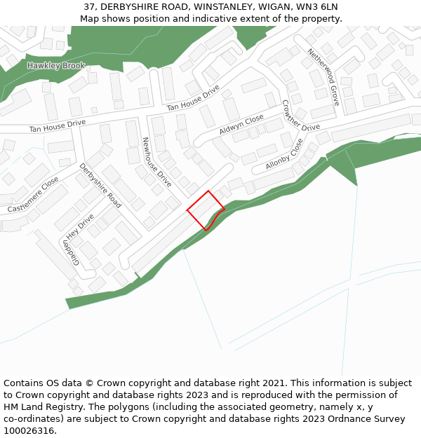 37, DERBYSHIRE ROAD, WINSTANLEY, WIGAN, WN3 6LN: Location map and indicative extent of plot