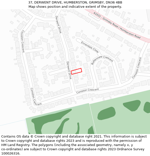 37, DERWENT DRIVE, HUMBERSTON, GRIMSBY, DN36 4BB: Location map and indicative extent of plot