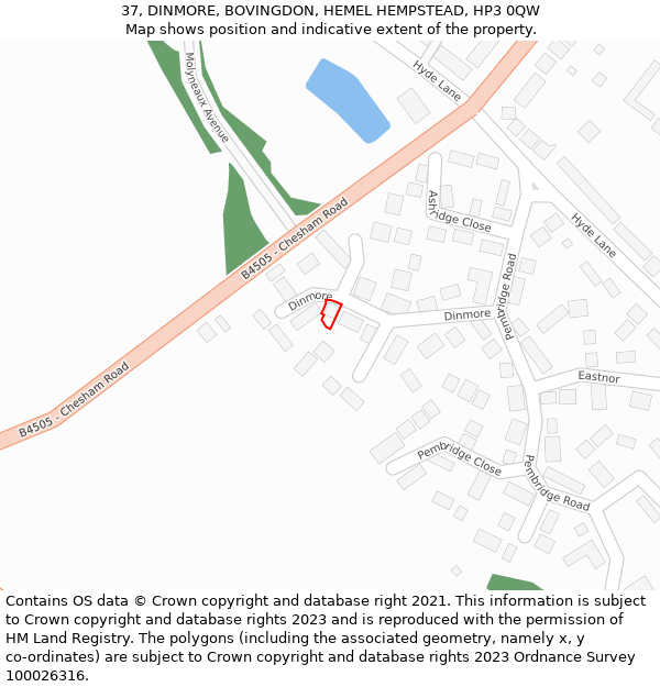 37, DINMORE, BOVINGDON, HEMEL HEMPSTEAD, HP3 0QW: Location map and indicative extent of plot