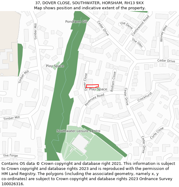 37, DOVER CLOSE, SOUTHWATER, HORSHAM, RH13 9XX: Location map and indicative extent of plot