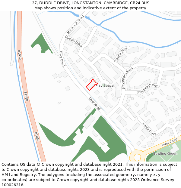 37, DUDDLE DRIVE, LONGSTANTON, CAMBRIDGE, CB24 3US: Location map and indicative extent of plot