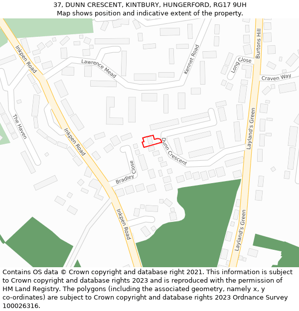 37, DUNN CRESCENT, KINTBURY, HUNGERFORD, RG17 9UH: Location map and indicative extent of plot