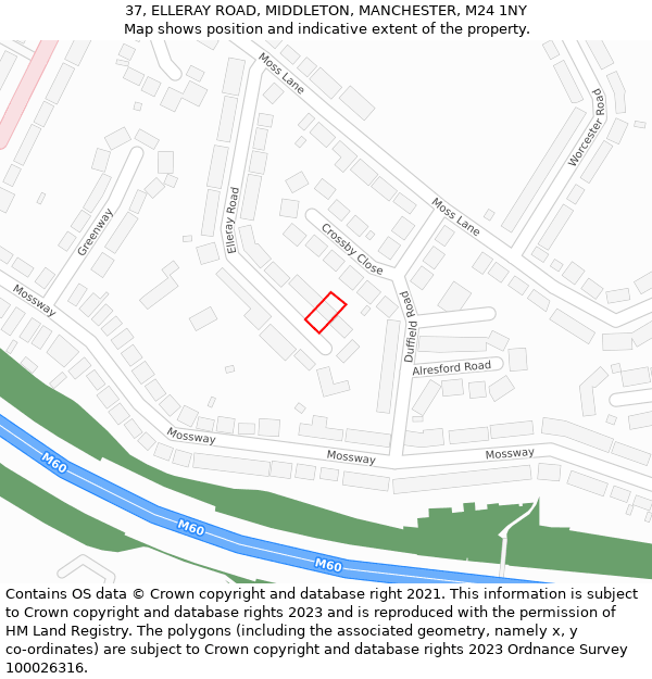 37, ELLERAY ROAD, MIDDLETON, MANCHESTER, M24 1NY: Location map and indicative extent of plot