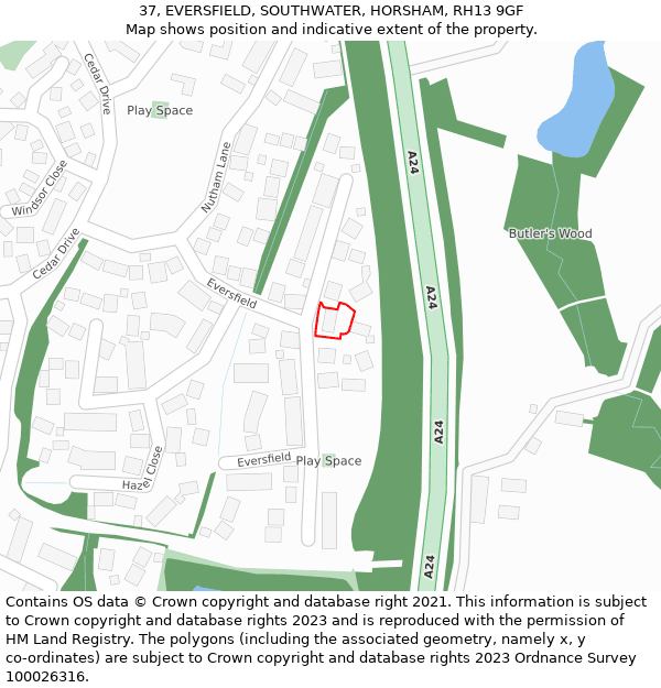 37, EVERSFIELD, SOUTHWATER, HORSHAM, RH13 9GF: Location map and indicative extent of plot