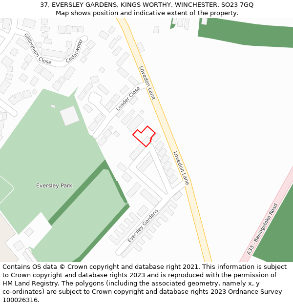 37, EVERSLEY GARDENS, KINGS WORTHY, WINCHESTER, SO23 7GQ: Location map and indicative extent of plot