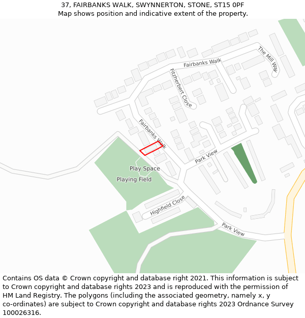 37, FAIRBANKS WALK, SWYNNERTON, STONE, ST15 0PF: Location map and indicative extent of plot