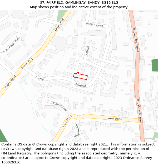 37, FAIRFIELD, GAMLINGAY, SANDY, SG19 3LG: Location map and indicative extent of plot