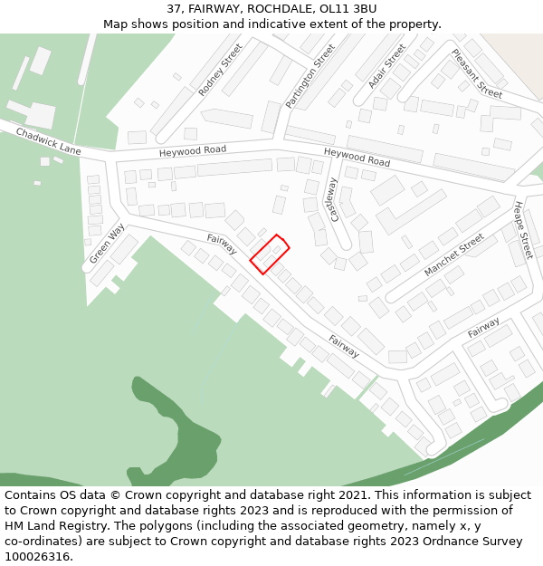 37, FAIRWAY, ROCHDALE, OL11 3BU: Location map and indicative extent of plot