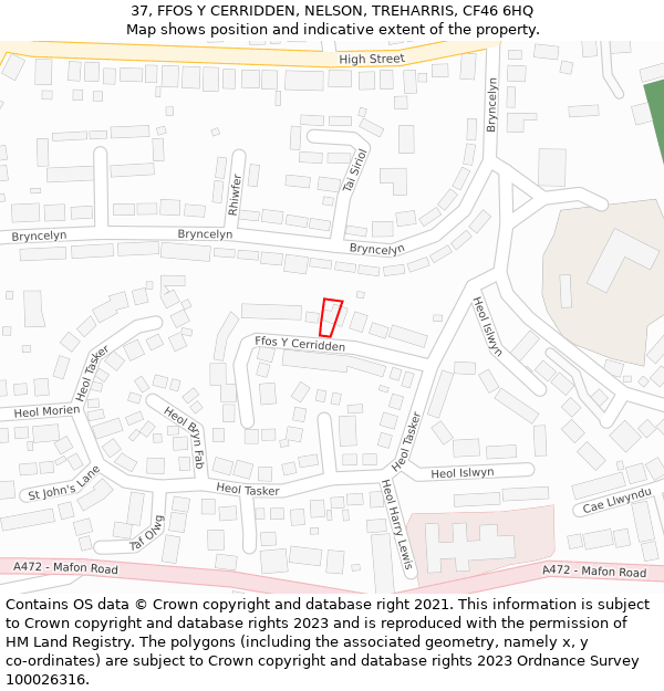 37, FFOS Y CERRIDDEN, NELSON, TREHARRIS, CF46 6HQ: Location map and indicative extent of plot