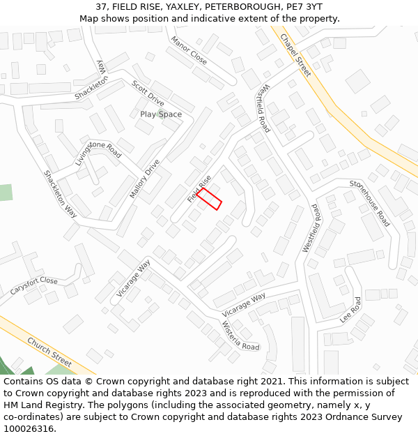 37, FIELD RISE, YAXLEY, PETERBOROUGH, PE7 3YT: Location map and indicative extent of plot