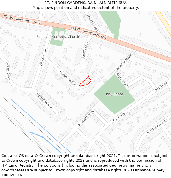 37, FINDON GARDENS, RAINHAM, RM13 9UA: Location map and indicative extent of plot