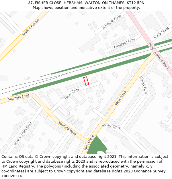 37, FISHER CLOSE, HERSHAM, WALTON-ON-THAMES, KT12 5PN: Location map and indicative extent of plot