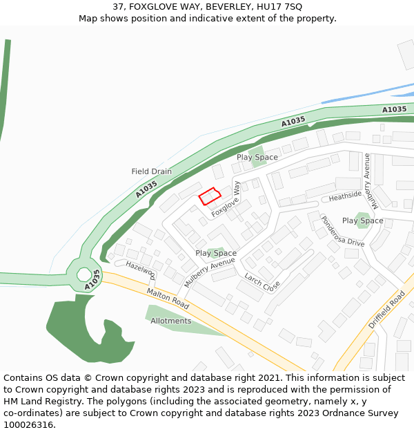 37, FOXGLOVE WAY, BEVERLEY, HU17 7SQ: Location map and indicative extent of plot