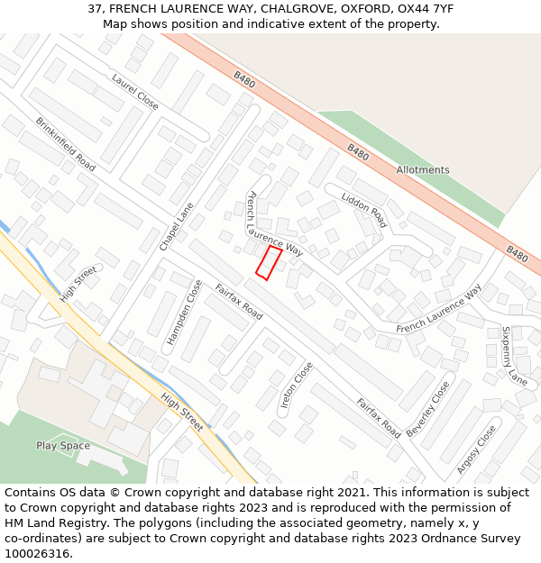 37, FRENCH LAURENCE WAY, CHALGROVE, OXFORD, OX44 7YF: Location map and indicative extent of plot