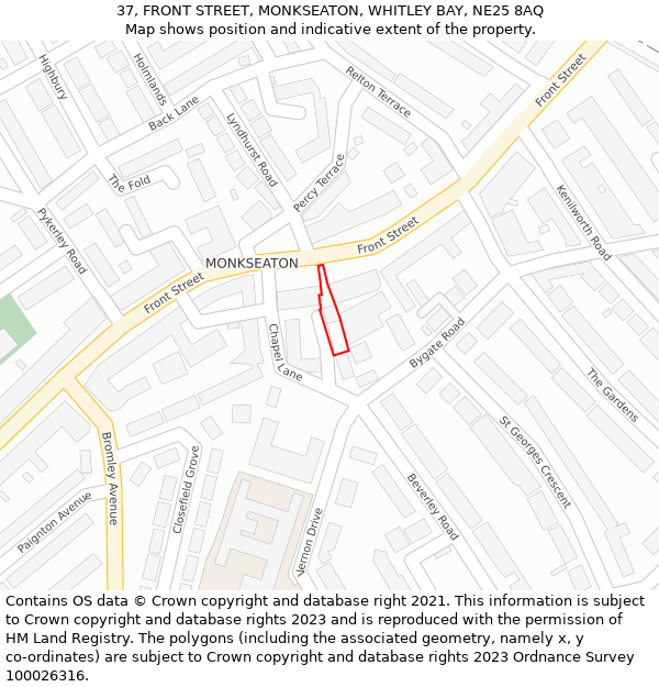 37, FRONT STREET, MONKSEATON, WHITLEY BAY, NE25 8AQ: Location map and indicative extent of plot
