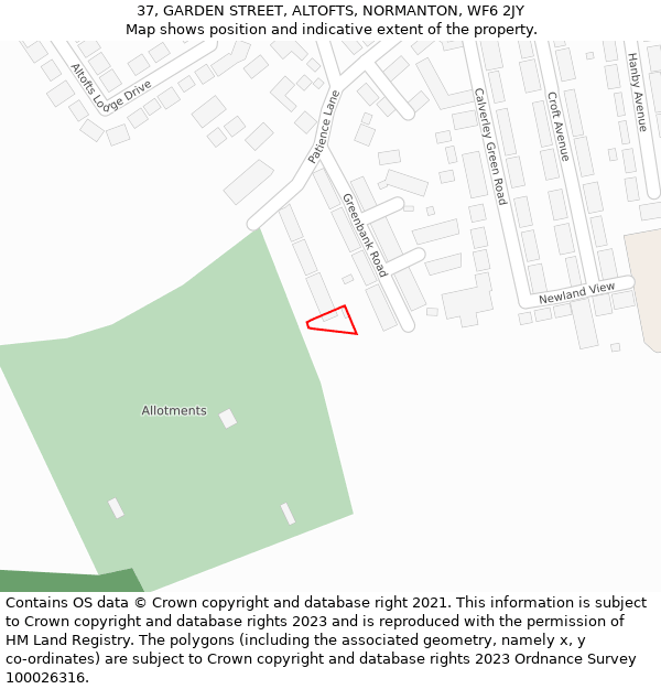 37, GARDEN STREET, ALTOFTS, NORMANTON, WF6 2JY: Location map and indicative extent of plot