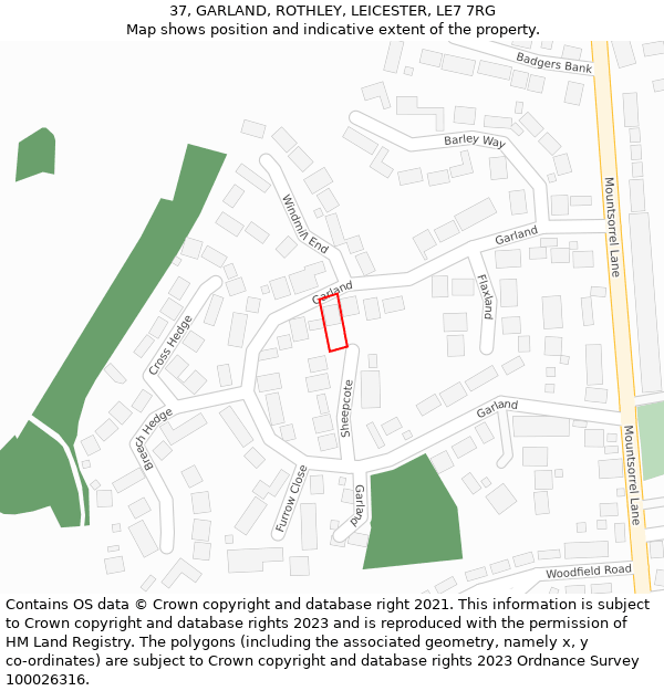 37, GARLAND, ROTHLEY, LEICESTER, LE7 7RG: Location map and indicative extent of plot