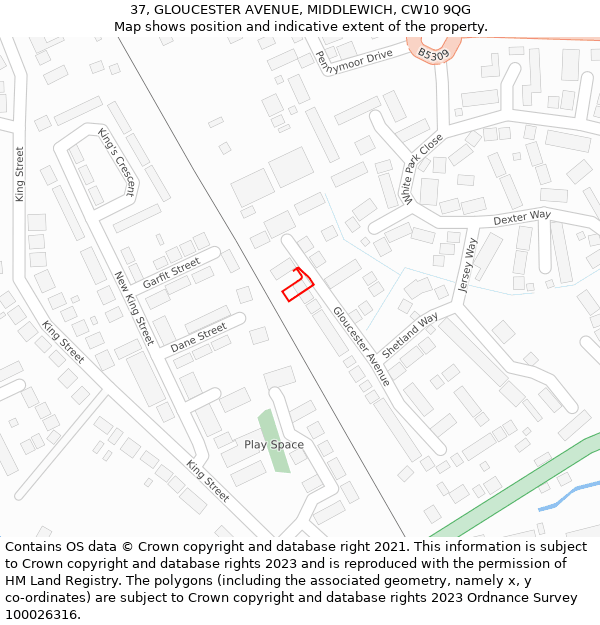 37, GLOUCESTER AVENUE, MIDDLEWICH, CW10 9QG: Location map and indicative extent of plot