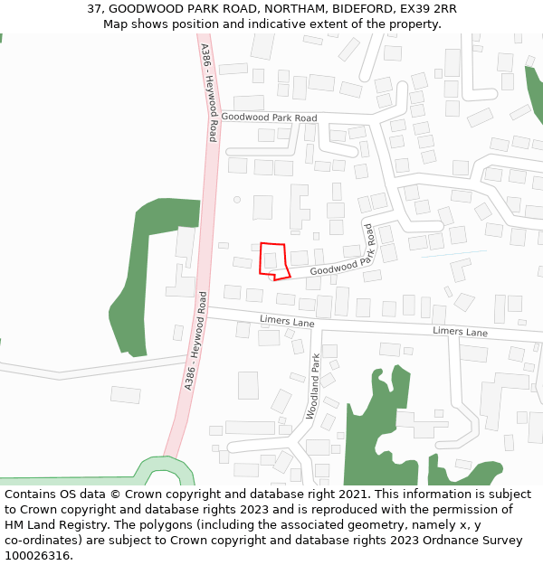 37, GOODWOOD PARK ROAD, NORTHAM, BIDEFORD, EX39 2RR: Location map and indicative extent of plot