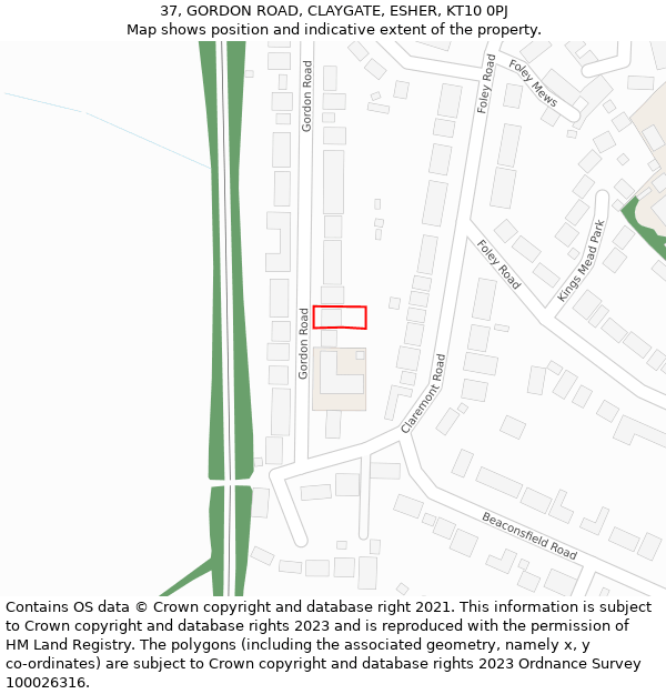 37, GORDON ROAD, CLAYGATE, ESHER, KT10 0PJ: Location map and indicative extent of plot