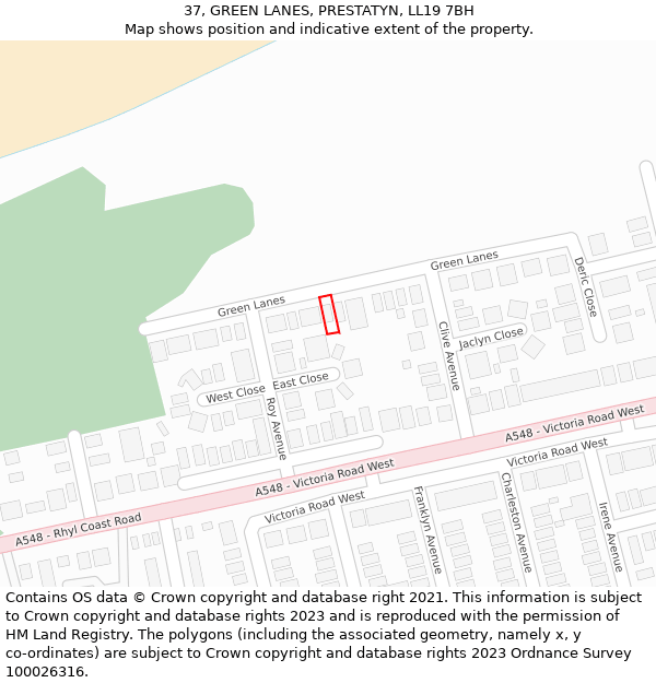 37, GREEN LANES, PRESTATYN, LL19 7BH: Location map and indicative extent of plot