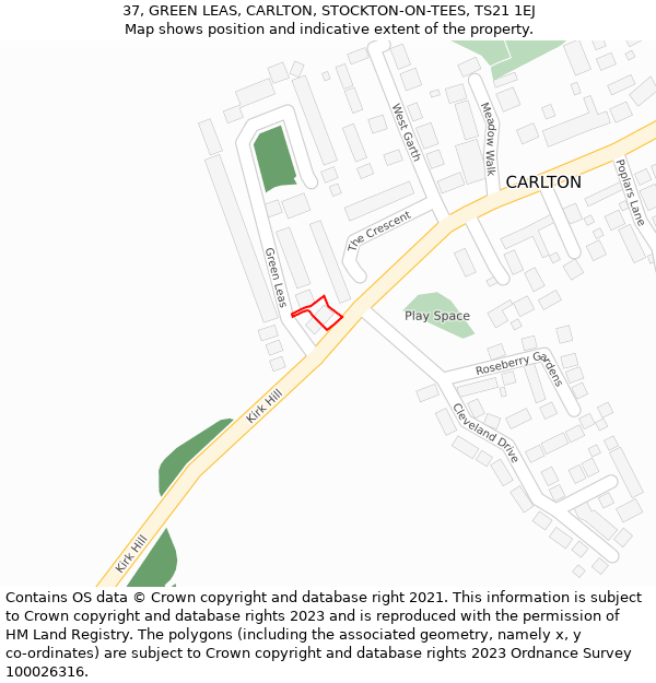 37, GREEN LEAS, CARLTON, STOCKTON-ON-TEES, TS21 1EJ: Location map and indicative extent of plot