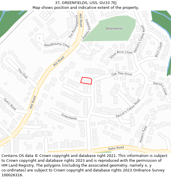 37, GREENFIELDS, LISS, GU33 7EJ: Location map and indicative extent of plot