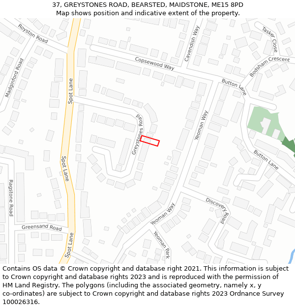 37, GREYSTONES ROAD, BEARSTED, MAIDSTONE, ME15 8PD: Location map and indicative extent of plot