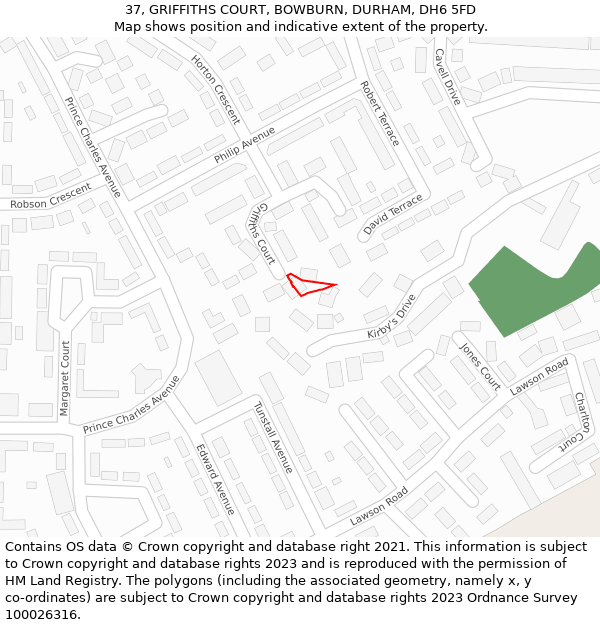 37, GRIFFITHS COURT, BOWBURN, DURHAM, DH6 5FD: Location map and indicative extent of plot