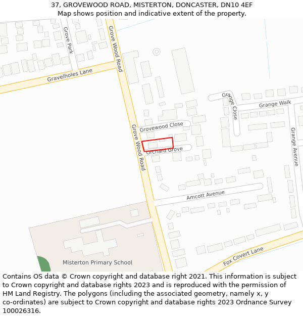 37, GROVEWOOD ROAD, MISTERTON, DONCASTER, DN10 4EF: Location map and indicative extent of plot