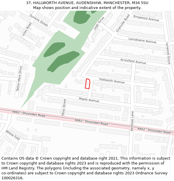 37, HALLWORTH AVENUE, AUDENSHAW, MANCHESTER, M34 5SU: Location map and indicative extent of plot