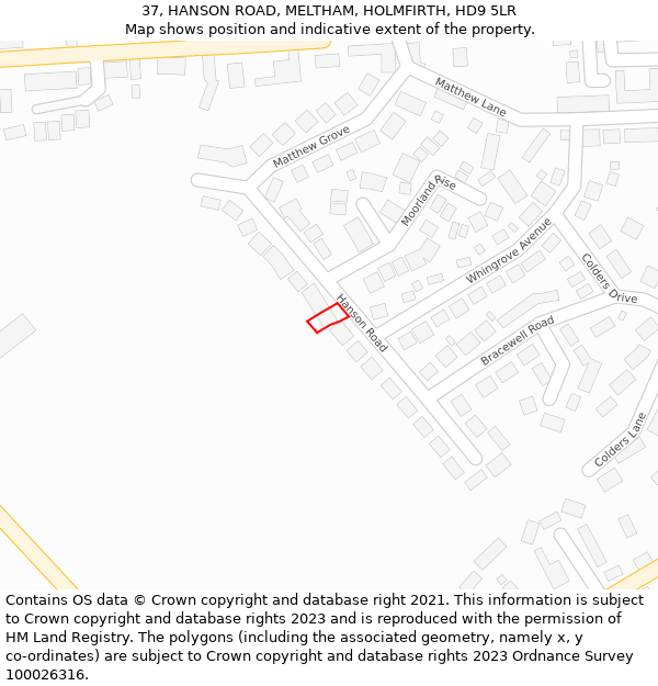 37, HANSON ROAD, MELTHAM, HOLMFIRTH, HD9 5LR: Location map and indicative extent of plot