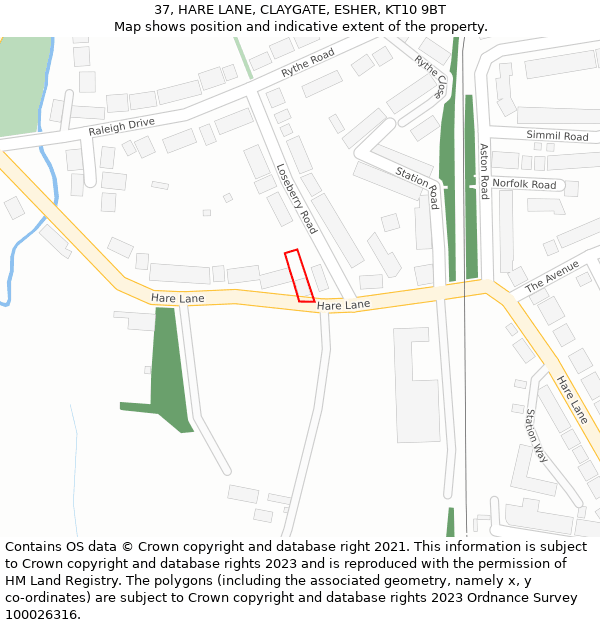 37, HARE LANE, CLAYGATE, ESHER, KT10 9BT: Location map and indicative extent of plot