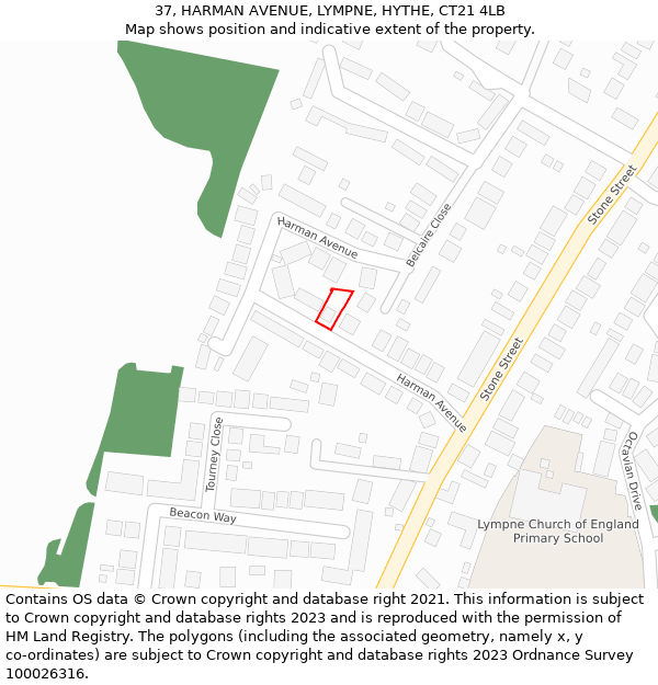 37, HARMAN AVENUE, LYMPNE, HYTHE, CT21 4LB: Location map and indicative extent of plot