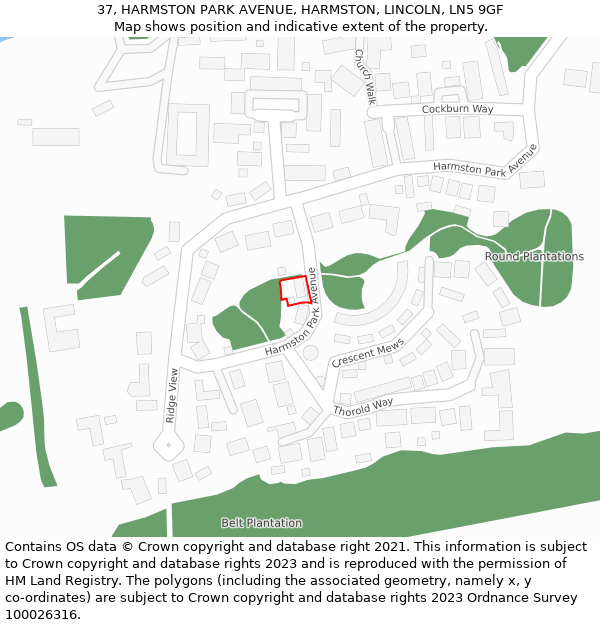 37, HARMSTON PARK AVENUE, HARMSTON, LINCOLN, LN5 9GF: Location map and indicative extent of plot