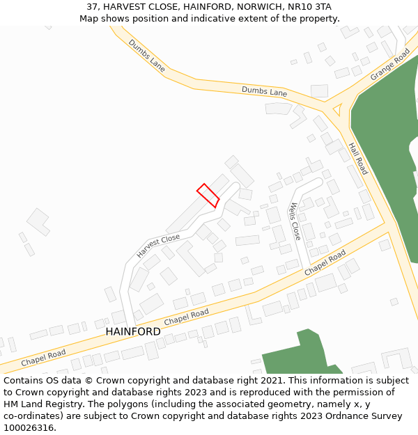 37, HARVEST CLOSE, HAINFORD, NORWICH, NR10 3TA: Location map and indicative extent of plot