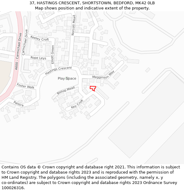 37, HASTINGS CRESCENT, SHORTSTOWN, BEDFORD, MK42 0LB: Location map and indicative extent of plot