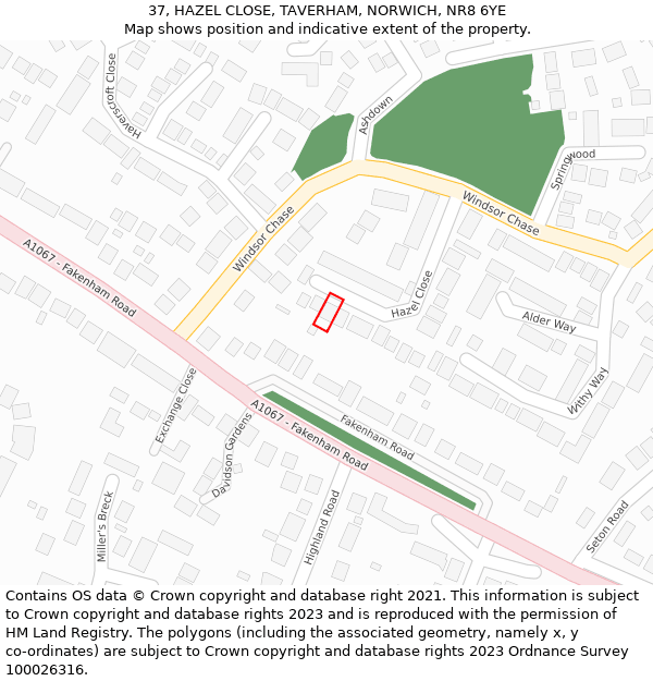 37, HAZEL CLOSE, TAVERHAM, NORWICH, NR8 6YE: Location map and indicative extent of plot