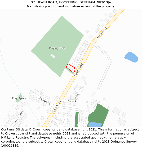 37, HEATH ROAD, HOCKERING, DEREHAM, NR20 3JA: Location map and indicative extent of plot