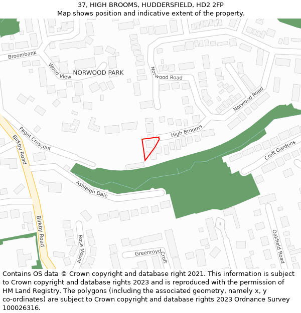 37, HIGH BROOMS, HUDDERSFIELD, HD2 2FP: Location map and indicative extent of plot