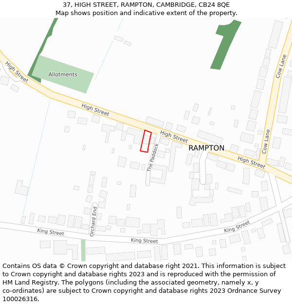 37, HIGH STREET, RAMPTON, CAMBRIDGE, CB24 8QE: Location map and indicative extent of plot