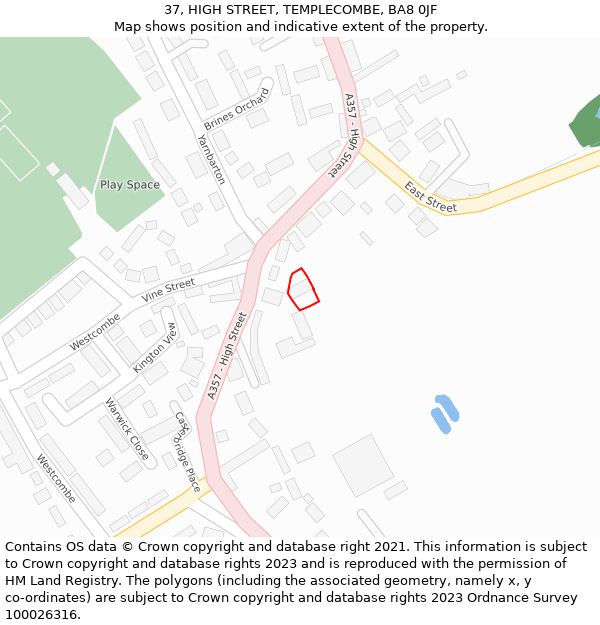 37, HIGH STREET, TEMPLECOMBE, BA8 0JF: Location map and indicative extent of plot