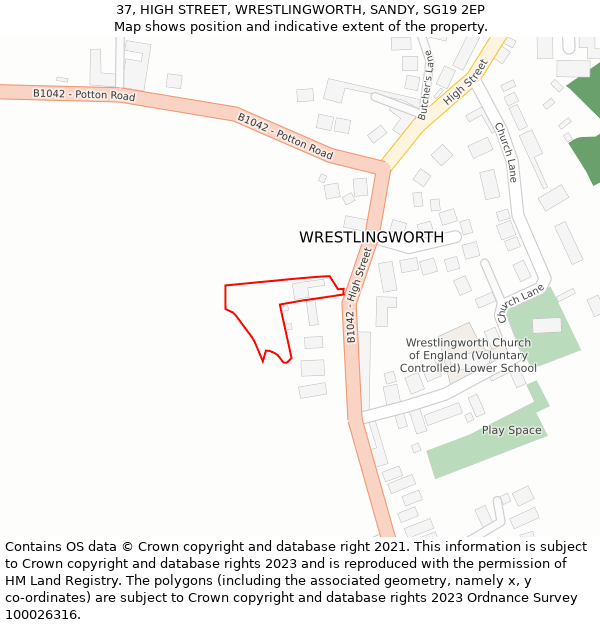 37, HIGH STREET, WRESTLINGWORTH, SANDY, SG19 2EP: Location map and indicative extent of plot