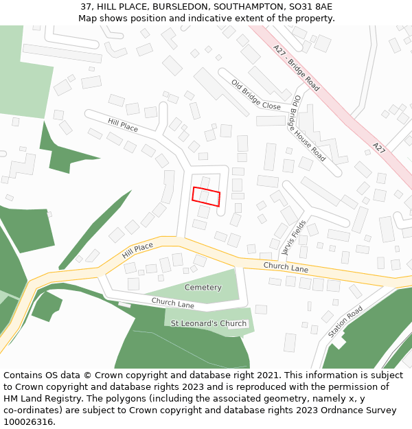 37, HILL PLACE, BURSLEDON, SOUTHAMPTON, SO31 8AE: Location map and indicative extent of plot