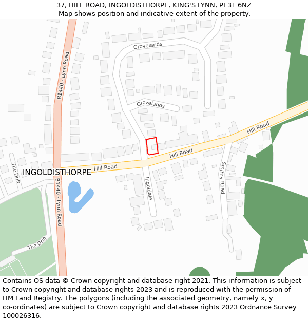 37, HILL ROAD, INGOLDISTHORPE, KING'S LYNN, PE31 6NZ: Location map and indicative extent of plot